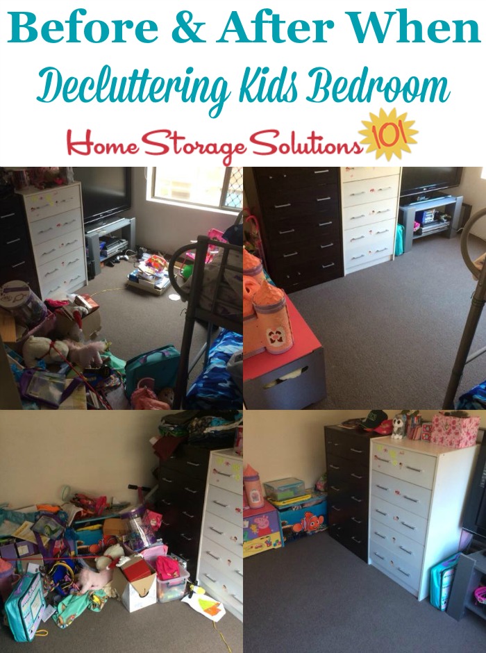 Before and after photos when decluttering kids' bedroom {on Home Storage Solutions 101} #BedroomClutter #DeclutterBedroom #KidsBedroomClutter