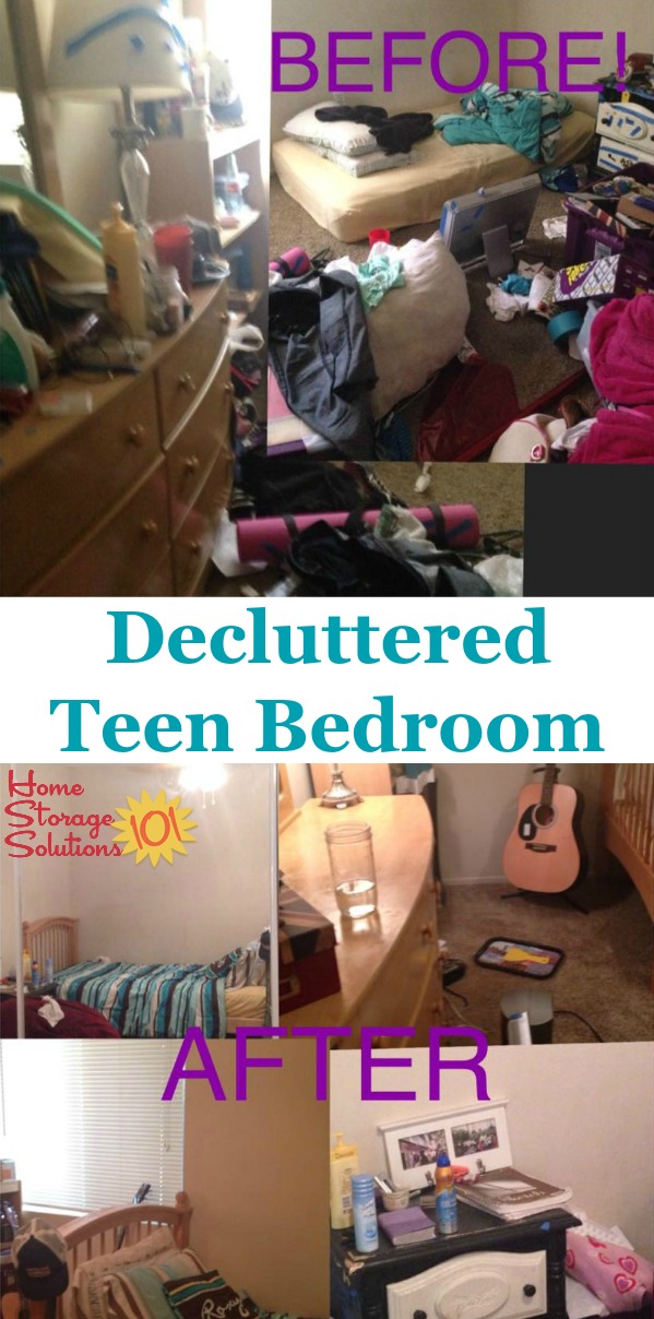Before and after photos when decluttering teen's bedroom {on Home Storage Solutions 101} #BedroomClutter #DeclutterBedroom #DeclutteringBedroom