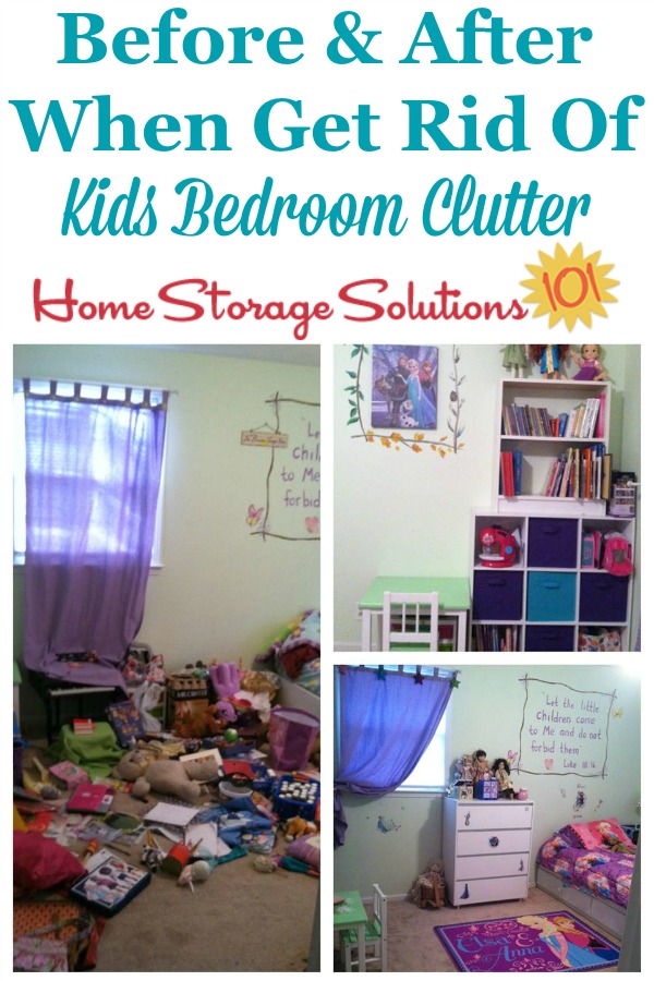 Before and after photos when get rid of kids' bedroom clutter {on Home Storage Solutions 101} #BedroomClutter #DeclutterBedroom #DeclutteringBedroom