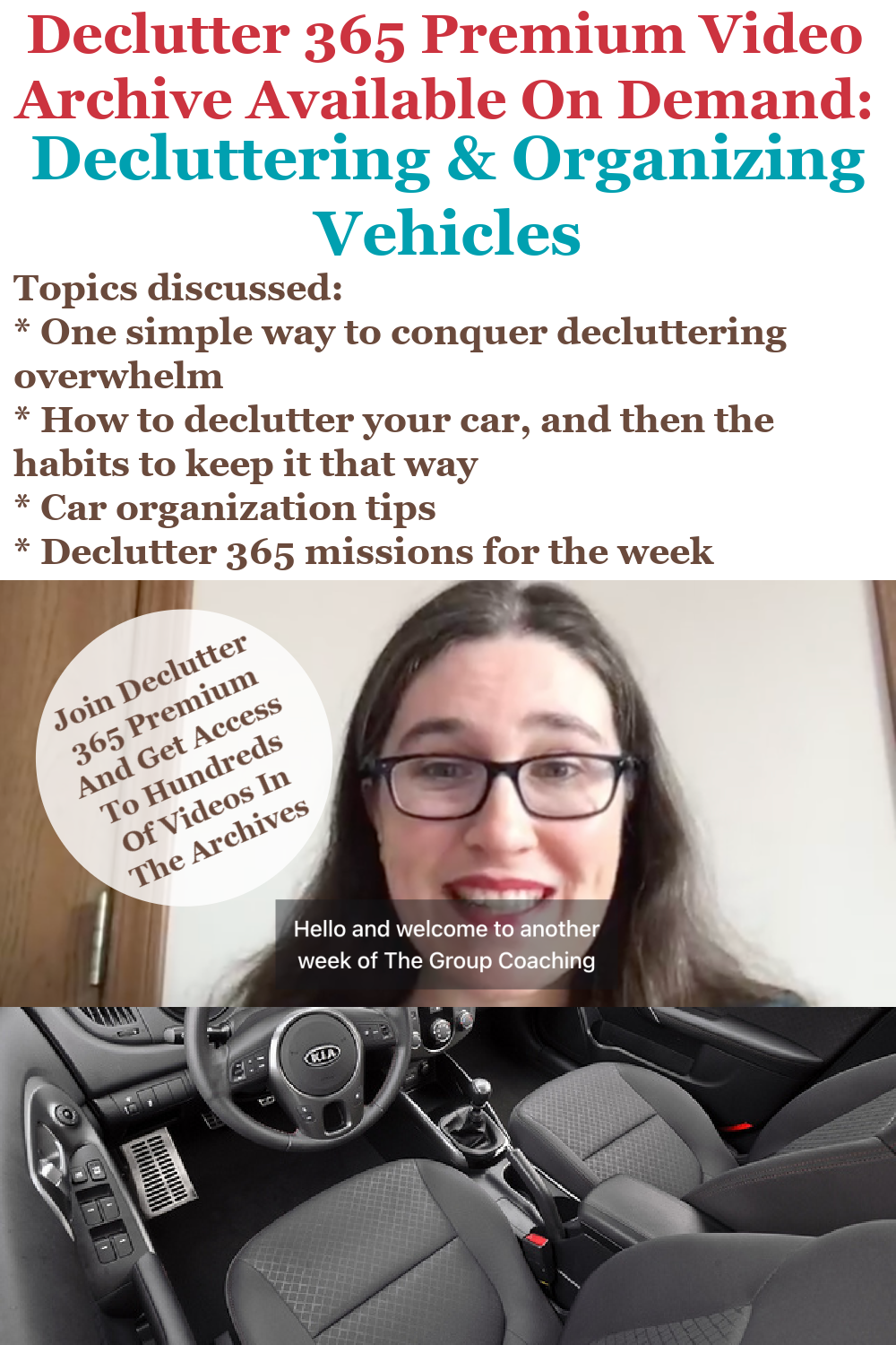 Declutter 365 Premium video archive available on demand all about decluttering and organizing vehicles, on Home Storage Solutions 101
