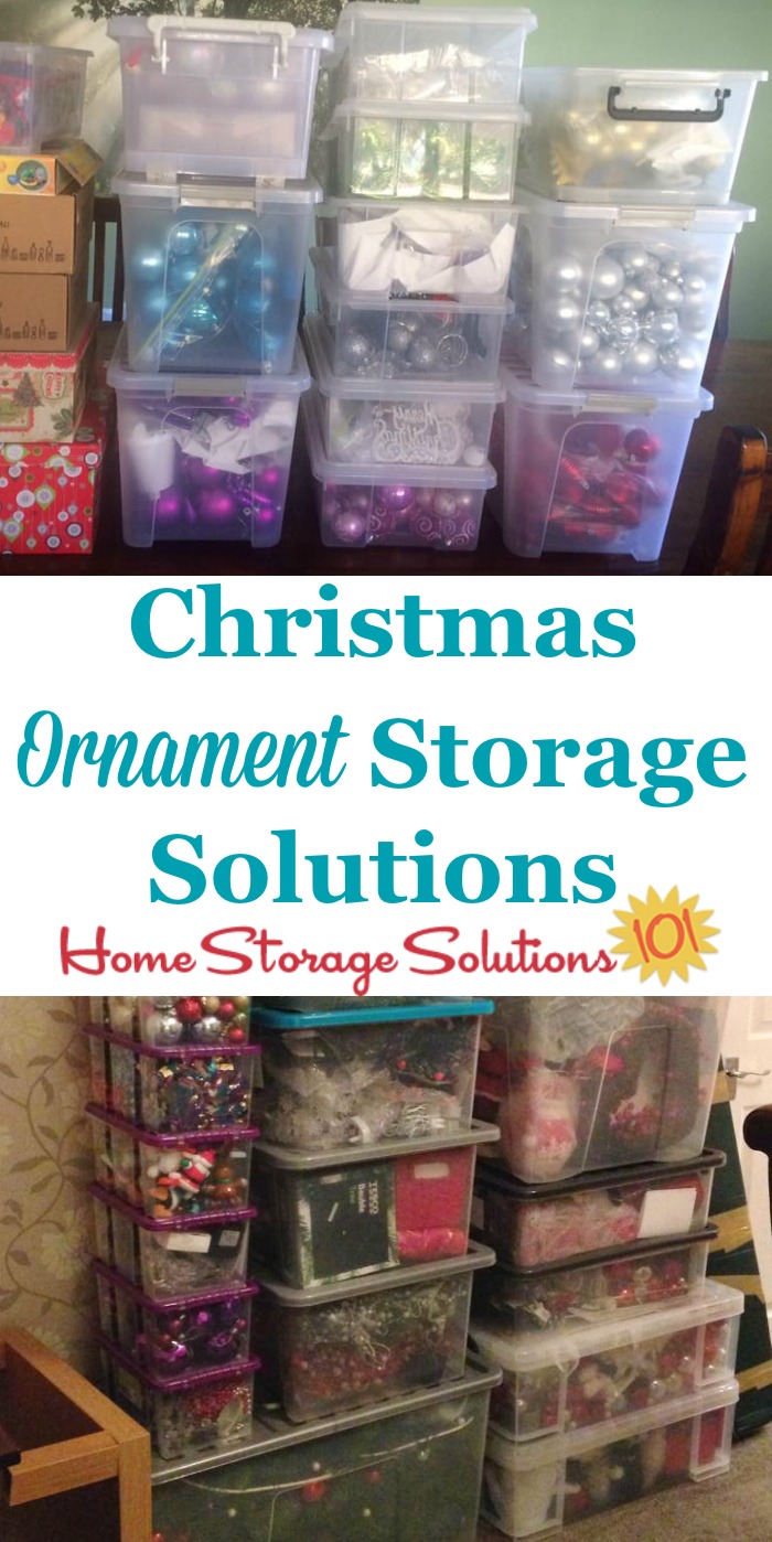 Lots of Christmas ornament storage solutions and ideas, including both DIY and product recommendations, and for fragile, oversized and unusually shaped ornaments {on Home Storage Solutions 101} #HolidayStorage #ChristmasStorage #OrnamentStorage