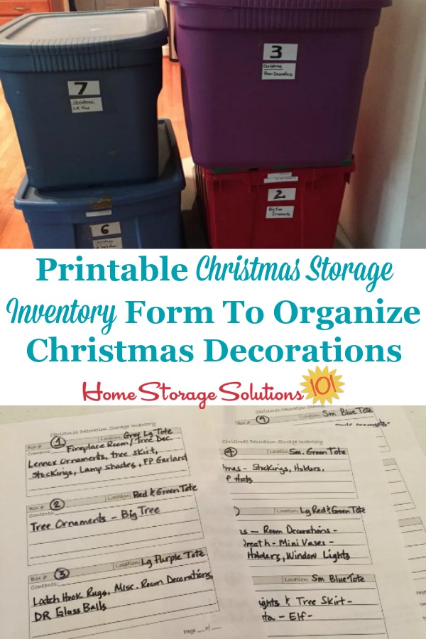 Free printable Christmas storage inventory form to organize Christmas decorations {on Home Storage Solutions 101} #ChristmasStorage #ChristmasOrganization #HolidayOrganization