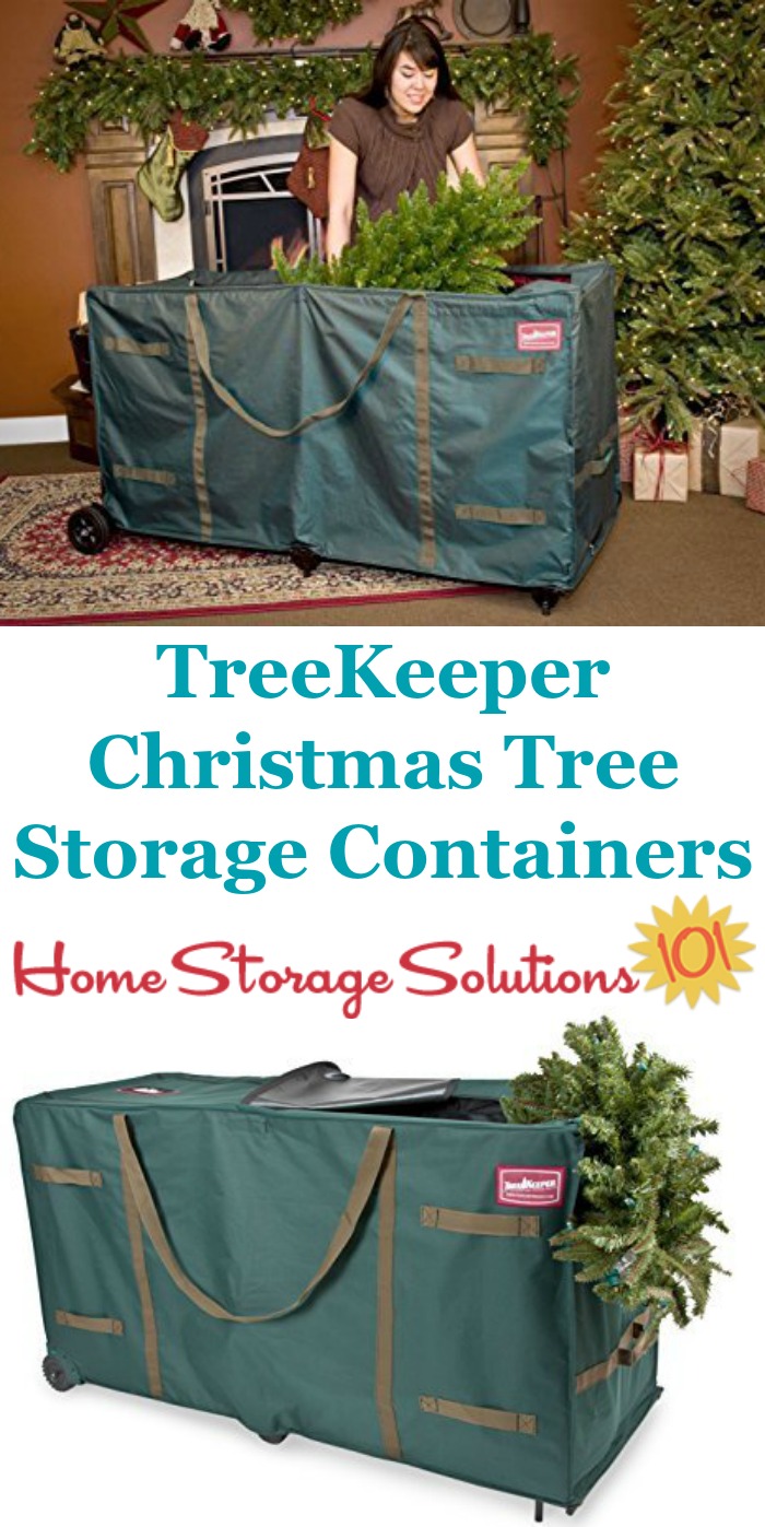 These TreeKeeper artificial Christmas tree storage containers are great for keeping your tree safe and clean while in storage, and even large heavy trees are easy to move with the rolling wheels {featured on Home Storage Solutions 101} #ChristmasStorage #HolidayStorage #ChristmasTreeStorage