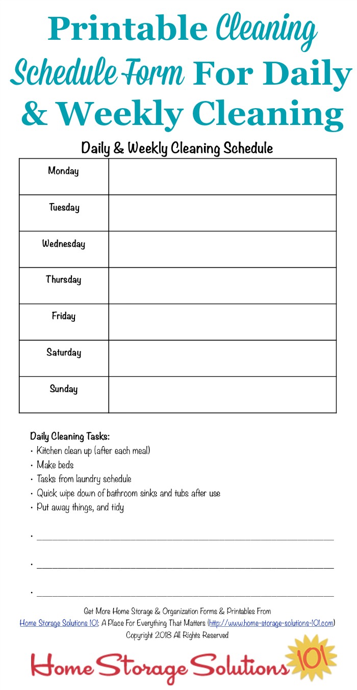 Here is a free printable cleaning schedule form that you can use to fill out your daily and weekly cleaning schedule tasks for your home {courtesy of Home Storage Solutions 101} #CleaningSchedule #CleaningRoutine #OrganizedHome