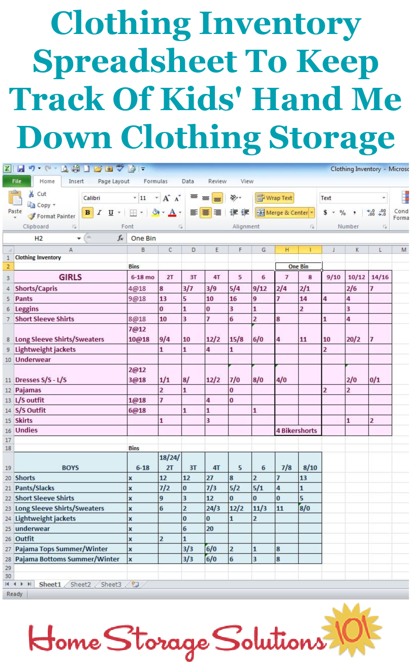 Clothing inventory spreadsheet to keep track of kids' hand me down clothing storage on Home Storage Solutions 101