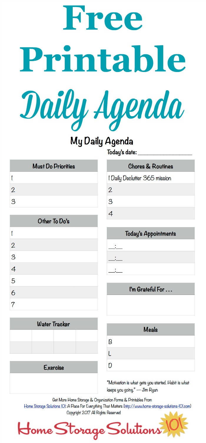 Free #printable daily agenda that you can use to track your daily to do's, routines and habits to reach your goals one day at a time {on Home Storage Solutions 101} #Habits #TimeManagement