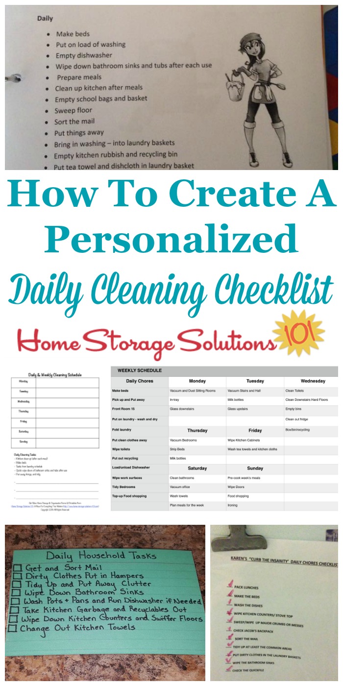 Here is how to create a personalized daily cleaning checklist for your home, which will be one of the two major compnents of your house cleaning schedule. There are also several examples from #Declutter365 participants who've already done this task {on Home Storage Solutions 101} #CleaningChecklist #CleaningSchedule #CleaningRoutine