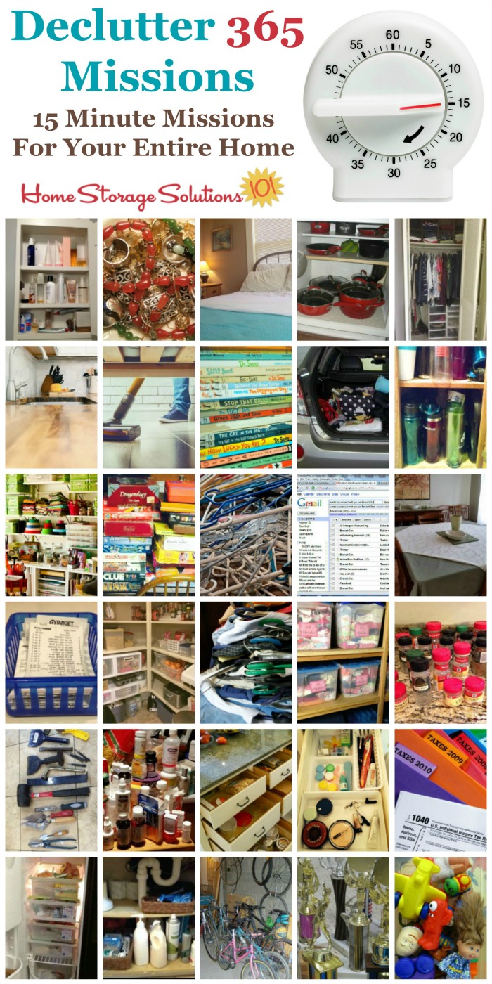 Join the free Declutter 365 missions to get a plan for how to declutter your entire house over the course of the year, 15 minutes at a time. These missions deal with all rooms of your home, lots of types of common objects we all have, and even has missions for digital clutter! {on Home Storage Solutions 101} #Declutter365 #Decluttering #Declutter