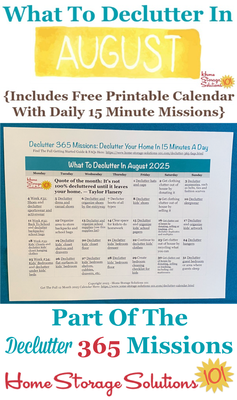 What to declutter in August 2025, including a free printable August decluttering calendar you can follow each day {on Home Storage Solutions 101} What to declutter in August 2025, including a free printable August decluttering calendar you can follow each day {on Home Storage Solutions 101} #Declutter365 #Decluttering #Declutter