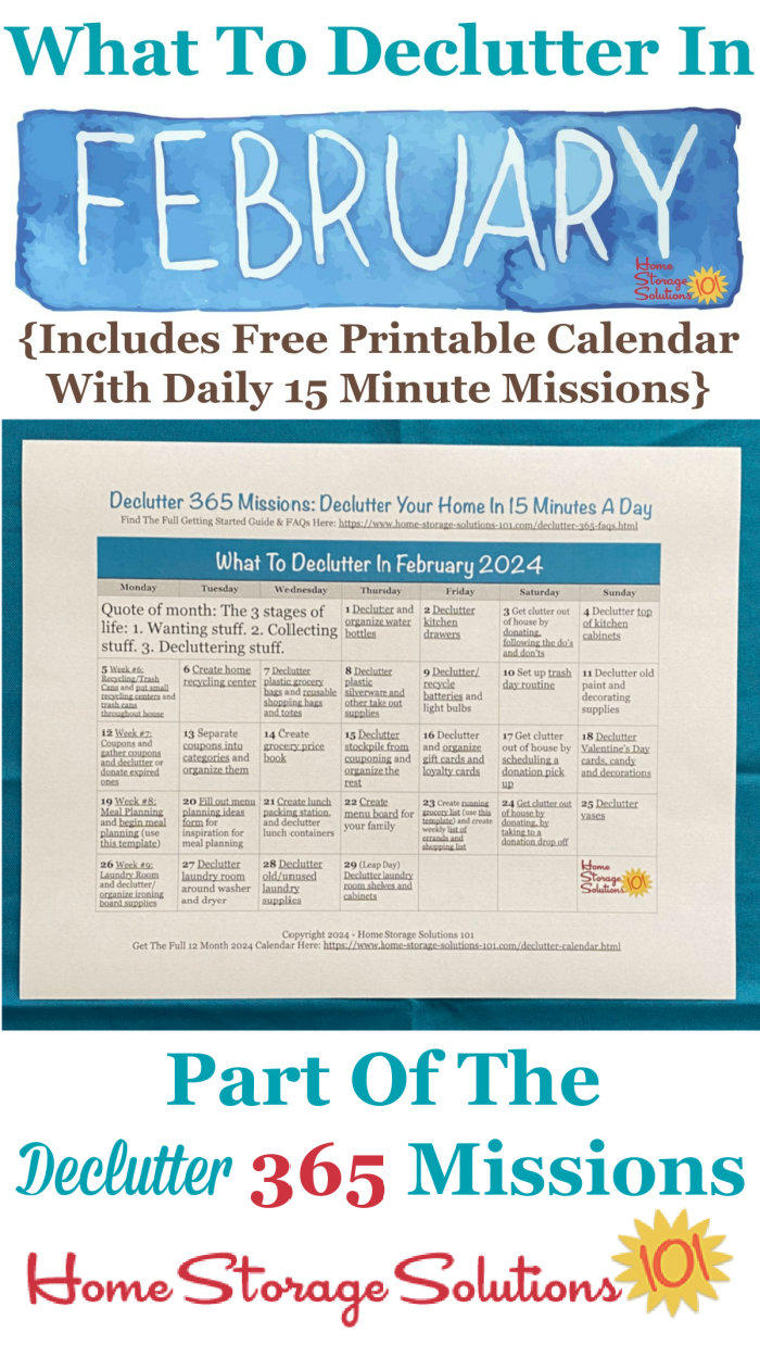 What to declutter in February 2024, including a free printable February decluttering calendar you can follow each day {on Home Storage Solutions 101} #Declutter365 #Decluttering #Declutter
