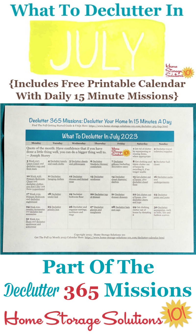 What to declutter in July 2023, including a free printable July decluttering calendar you can follow each day {on Home Storage Solutions 101} #Declutter365 #Decluttering #Declutter