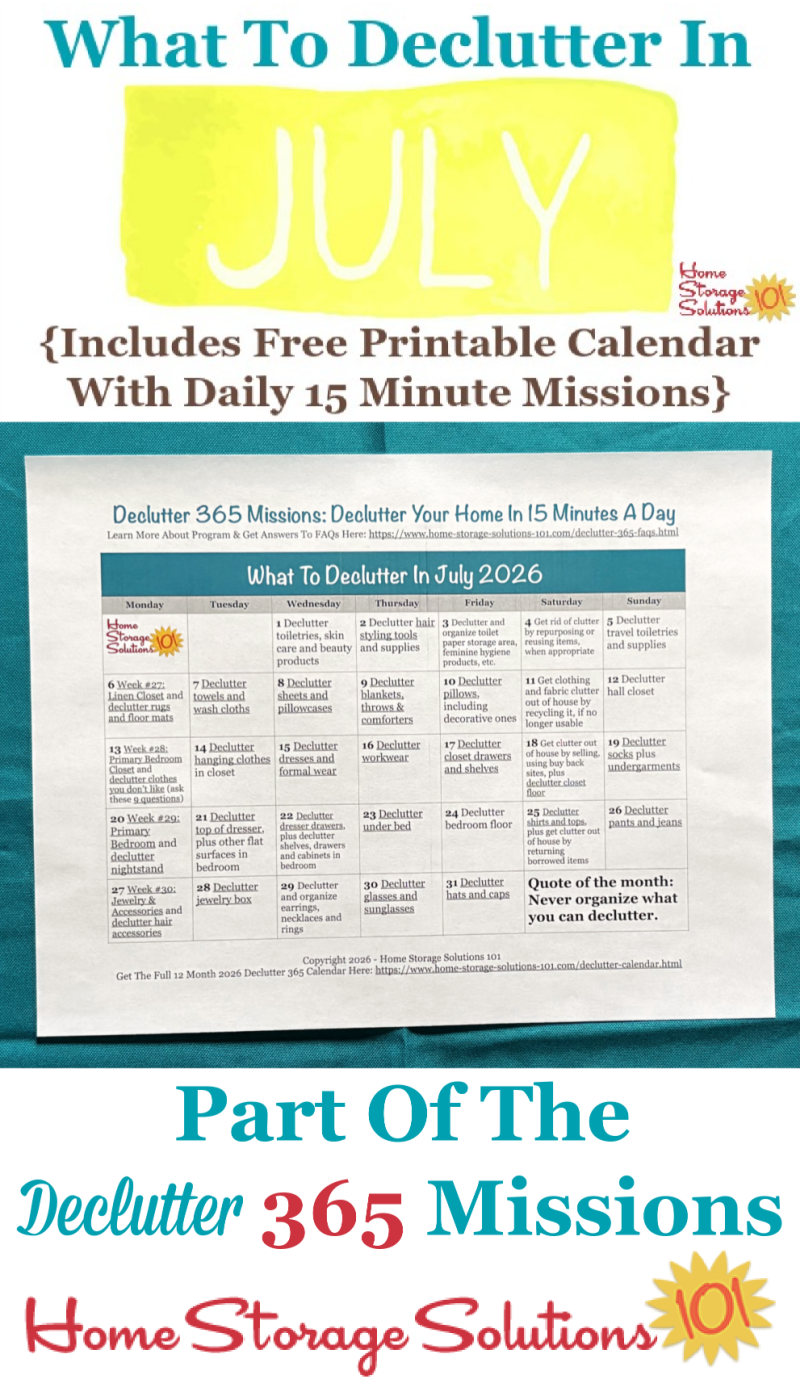 What to declutter in July 2026, including a free printable July decluttering calendar you can follow each day {on Home Storage Solutions 101} What to declutter in July 2026, including a free printable July decluttering calendar you can follow each day {on Home Storage Solutions 101} #Declutter365 #Decluttering #Declutter