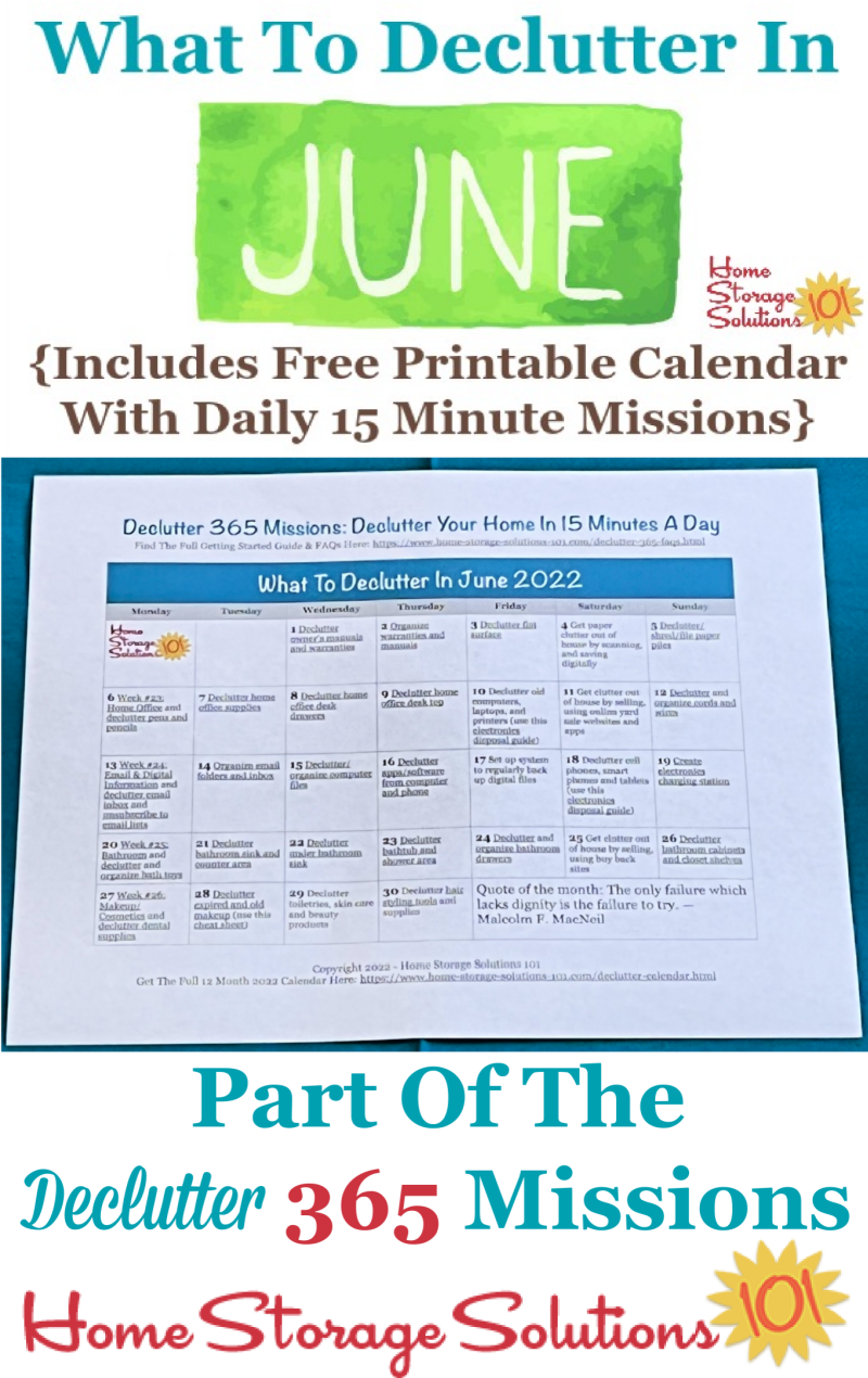What to declutter in June 2022, including a free printable June decluttering calendar you can follow each day {on Home Storage Solutions 101} #Declutter365 #Decluttering #Declutter