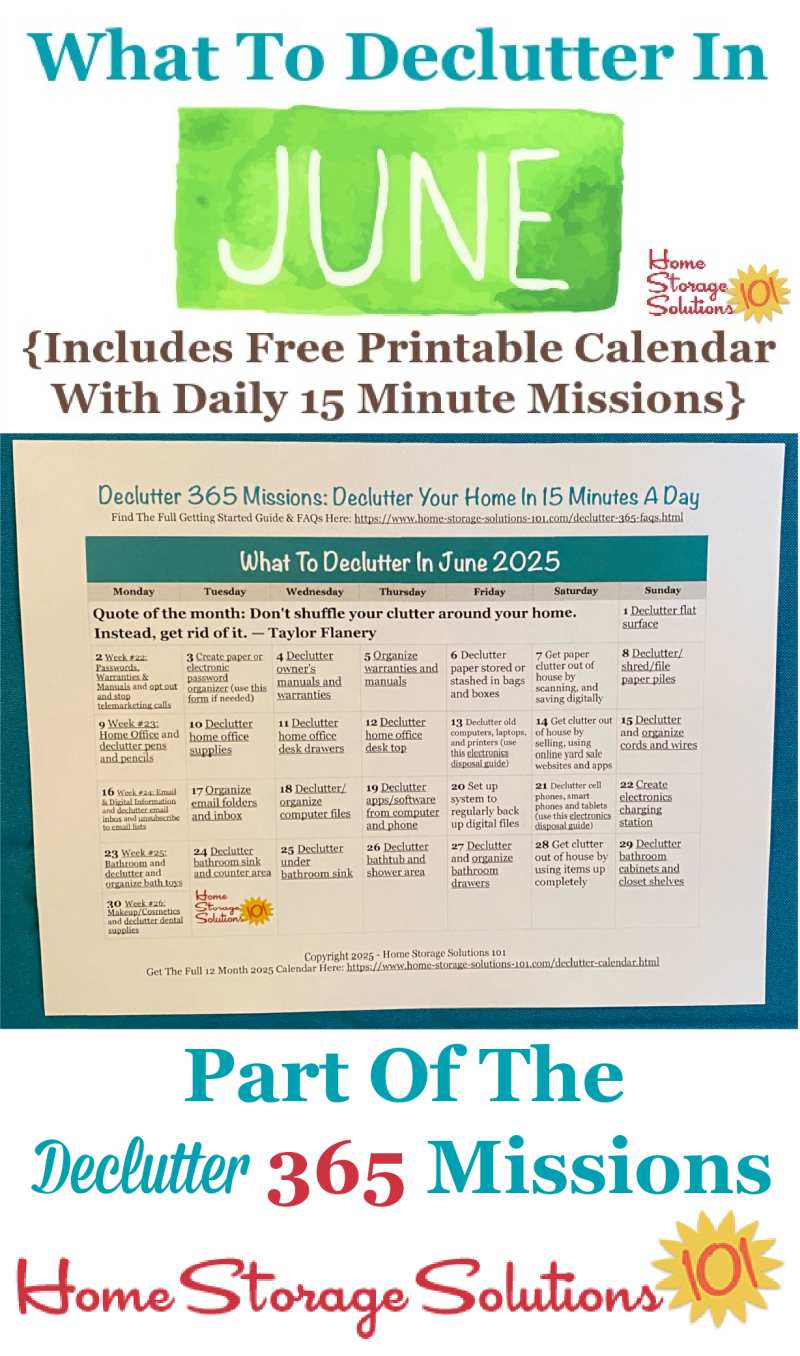 What to declutter in June 2025, including a free printable June decluttering calendar you can follow each day {on Home Storage Solutions 101} #Declutter365 #Decluttering #Declutter