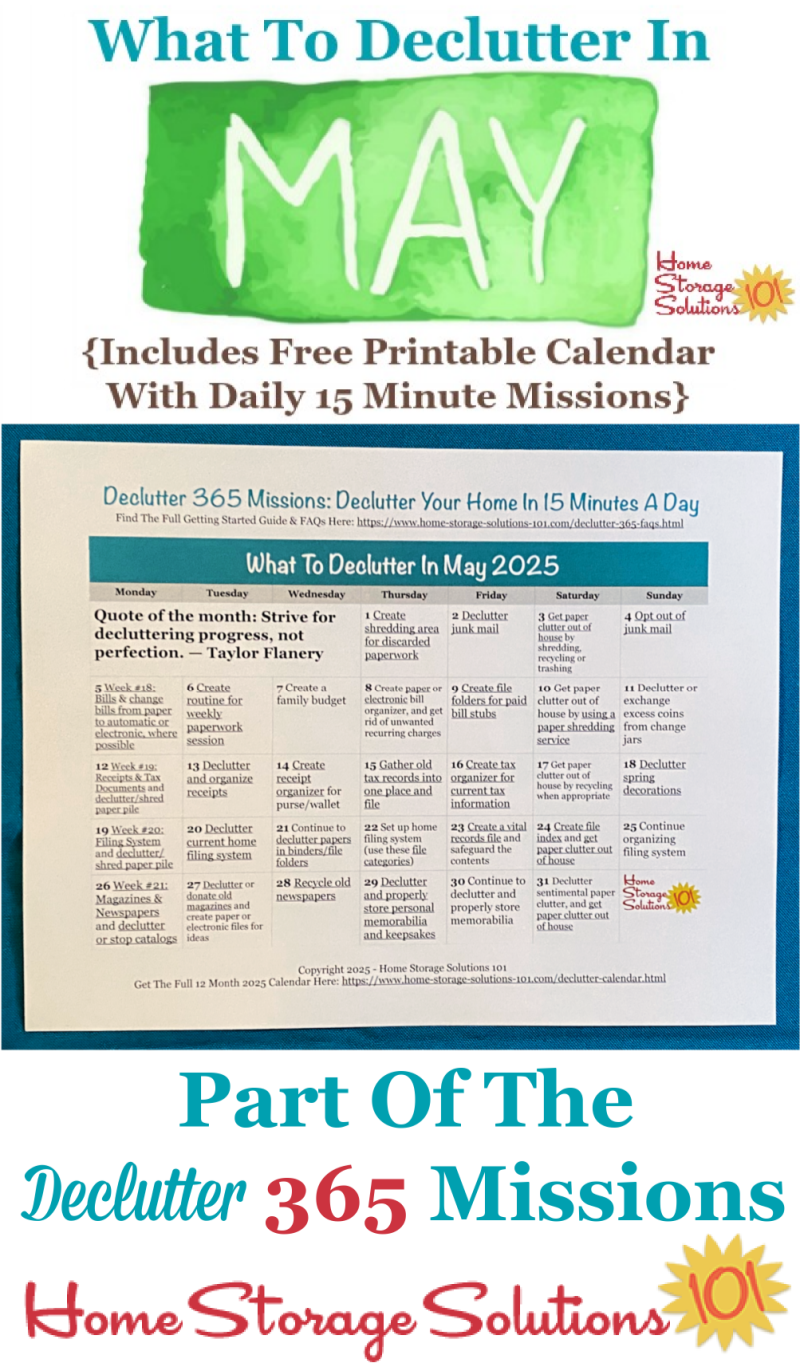What to declutter in May 2025, including a free printable May decluttering calendar you can follow each day {on Home Storage Solutions 101} #Declutter365 #Decluttering #Declutter