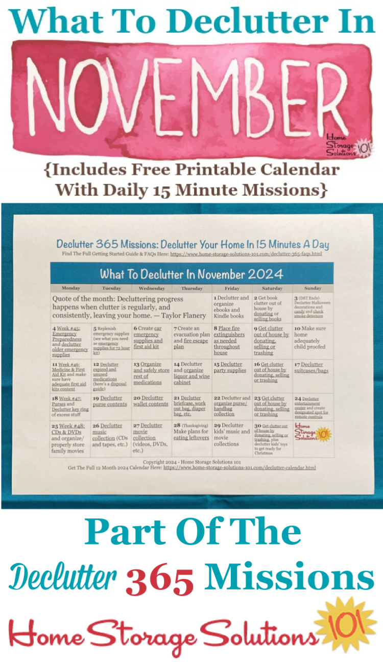 November Declutter 365 Calendar: 15 Minute Daily Missions For Month