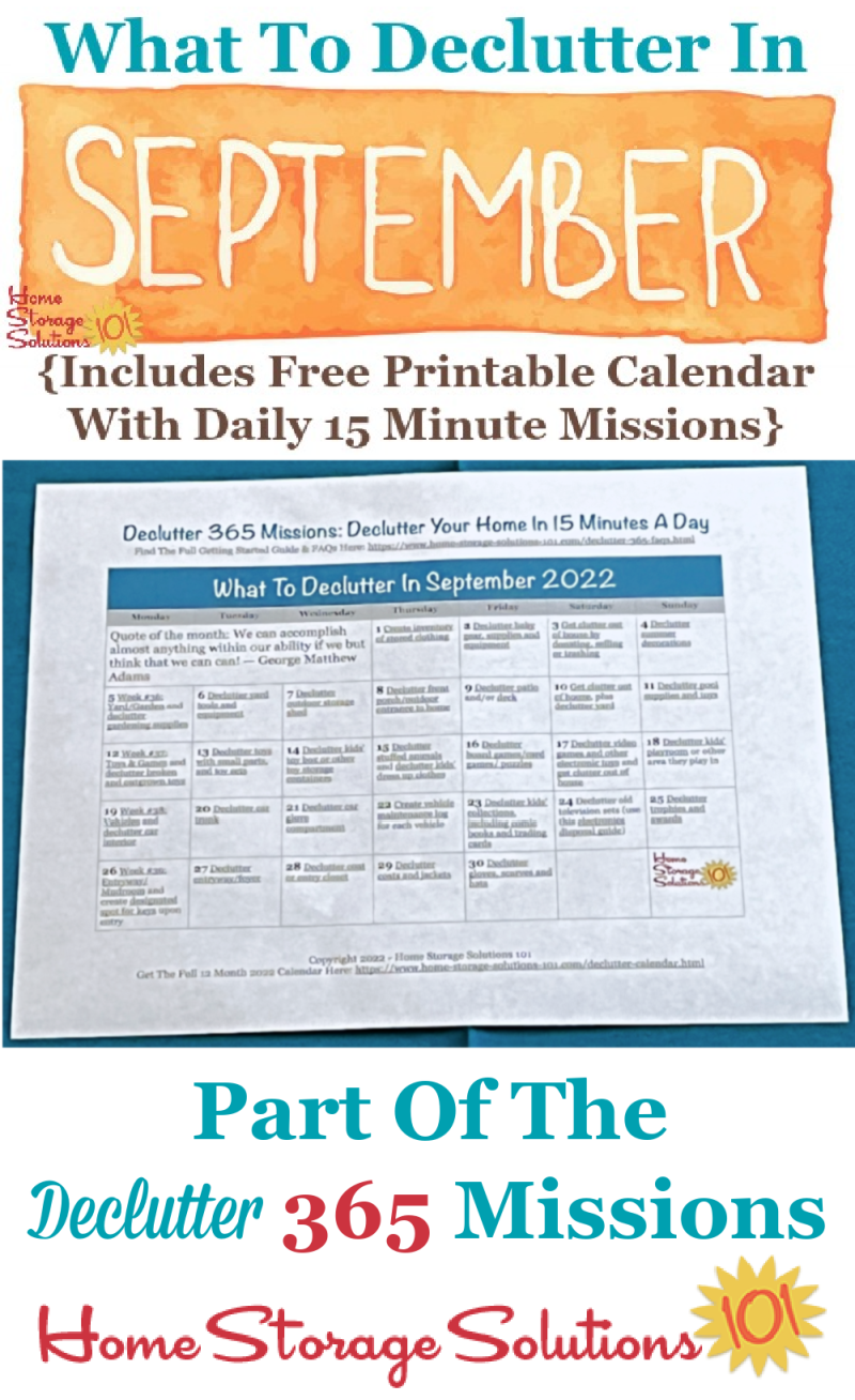 What to declutter in September 2022, including a free printable September decluttering calendar you can follow each day {on Home Storage Solutions 101} #Declutter365 #Decluttering #Declutter