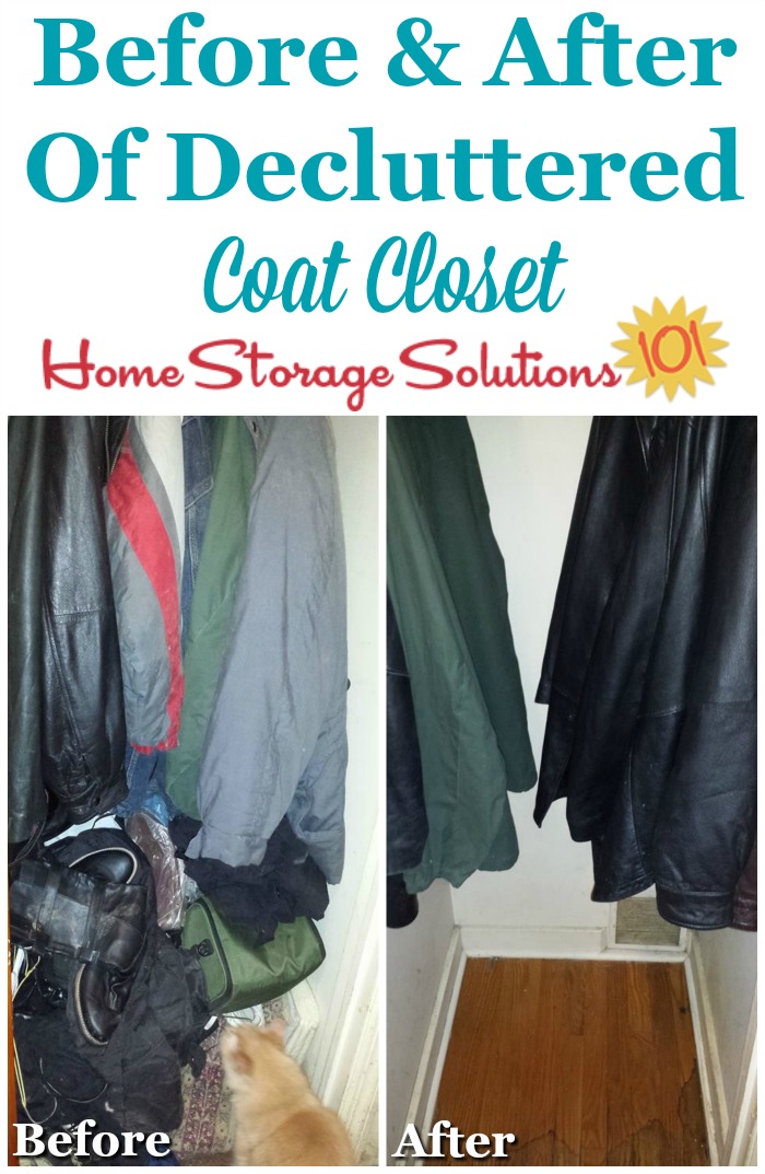 Before and after of decluttered coat closet {on Home Storage Solutions 101}