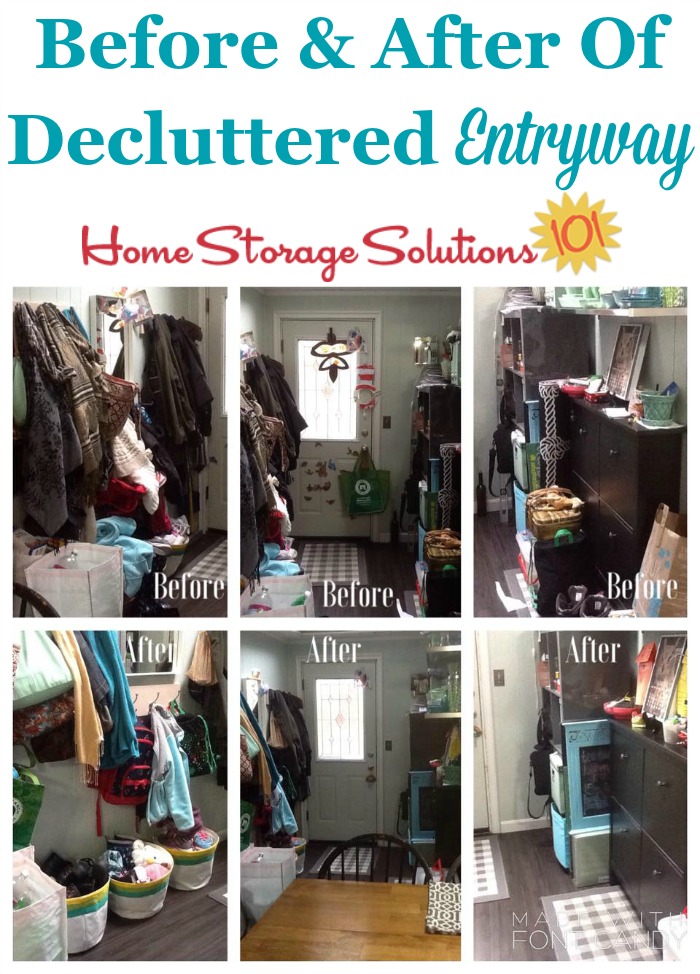 Before and after photos of decluttered entryway of a home, to make things more functional for everything that comes into or out of the house {featured on Home Storage Solutions 101}