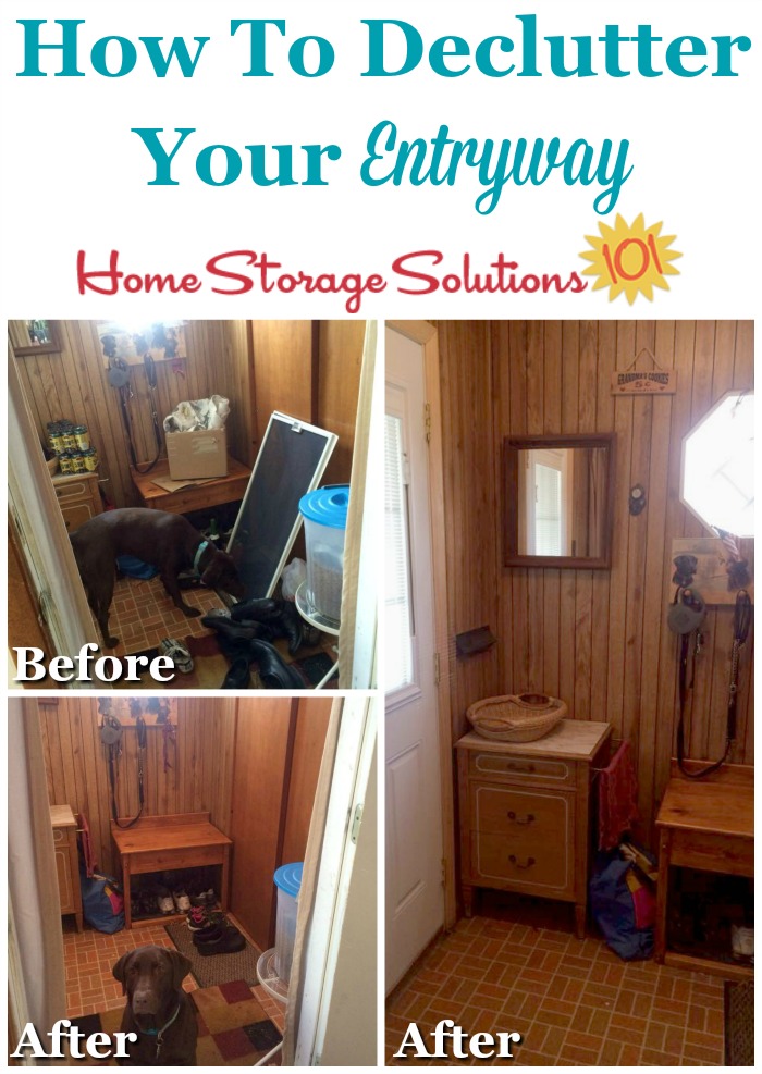 How to declutter your entryway or front entrance to your home to make it more functional and inviting {featured on Home Storage Solutions 101}