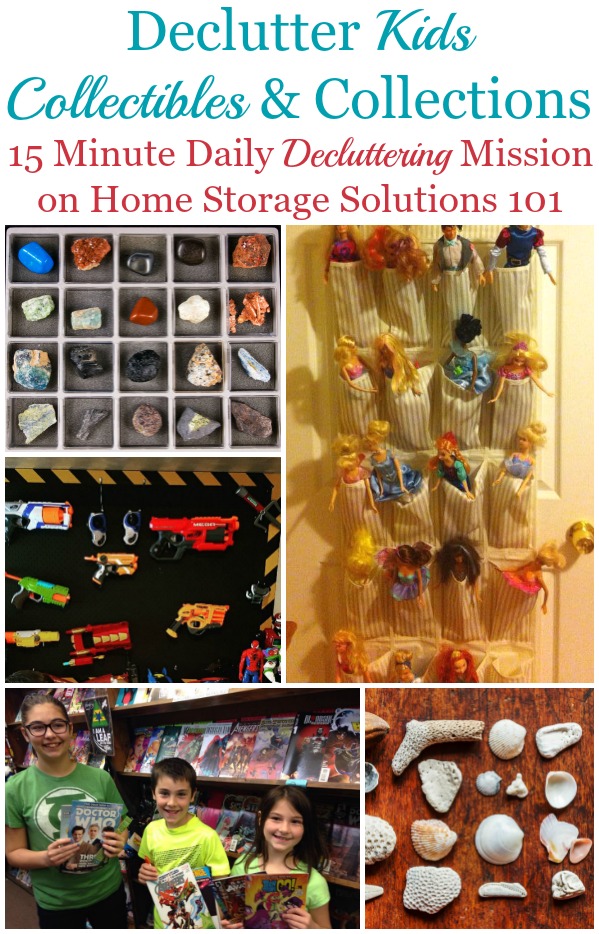 Here are easy steps for how to declutter kids collectibles and collections, of whatever variety they may be, to remove clutter without getting rid of things your child truly cherishes {a #Declutter365 mission on Home Storage Solutions 101} #DeclutterKidsCollectibles #DeclutterCollectibles