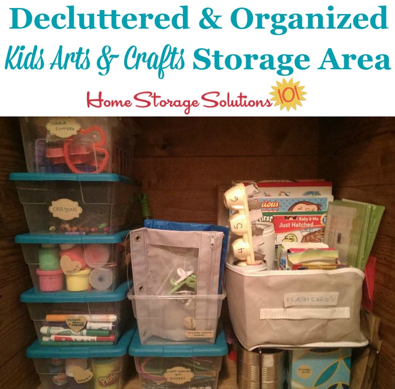 Decluttered and organized kids arts and crafts storage area {on Home Storage Solutions 101}