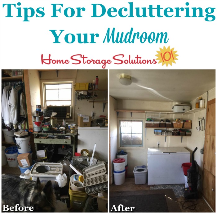 Tips for decluttering your mudroom, including before and after photos from participants of the Declutter 365 missions {on Home Storage Solutions 101} #DeclutterMudroom #MudroomClutter #DeclutteringTips
