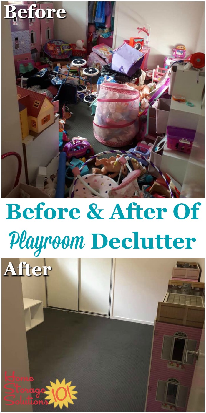Before and after of playroom declutter {on Home Storage Solutions 101}
