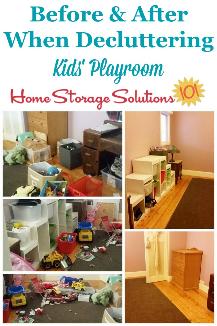 Before and after when decluttering a kids' playroom {on Home Storage Solutions 101}