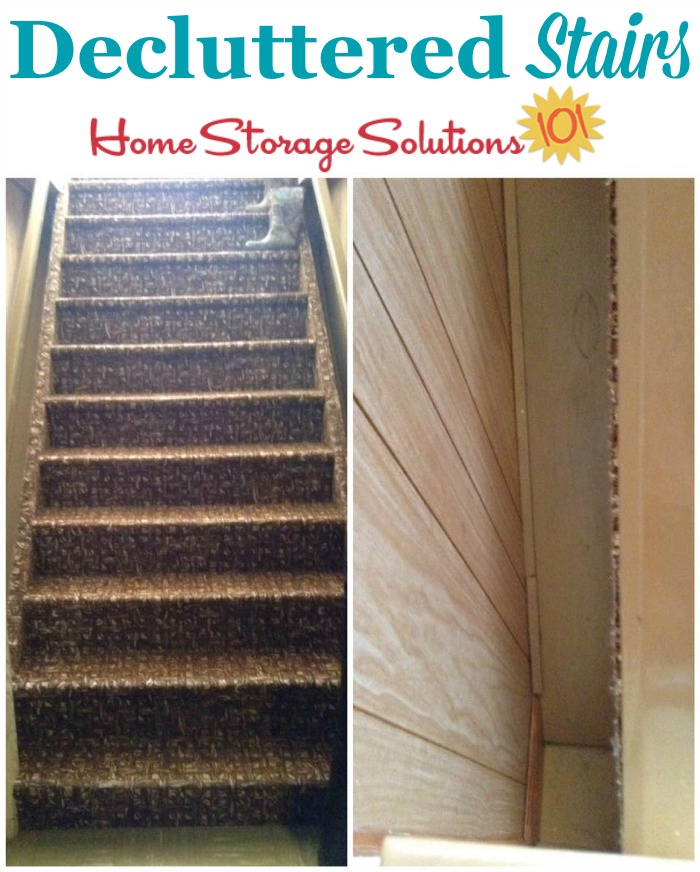 Photos of decluttered stairs leading to the basement {featured on Home Storage Solutins 101}