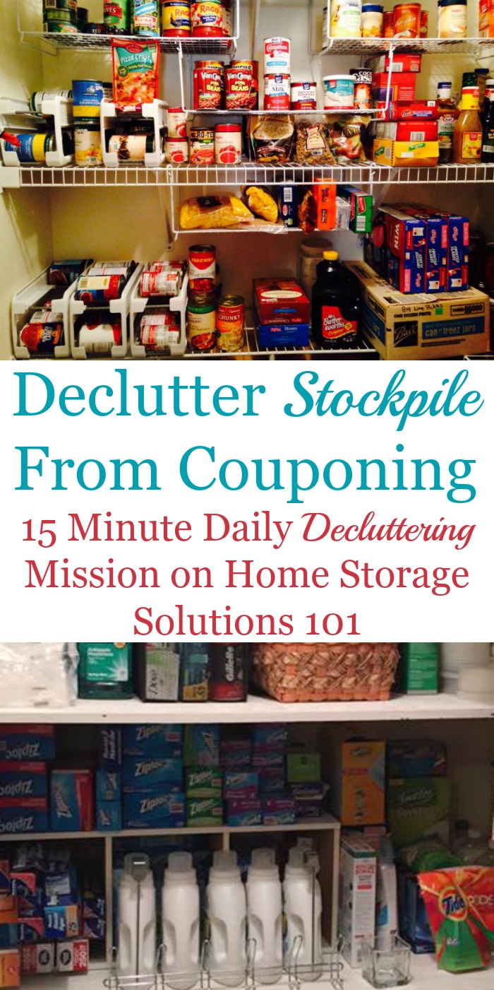 Here are the simple steps necessary to #declutter your stockpile from #couponing, making sure the items are used or donated before they expire, so you get the full value of the work you've done in clipping coupons for them {a #Declutter365 mission on Home Storage Solutions 101}