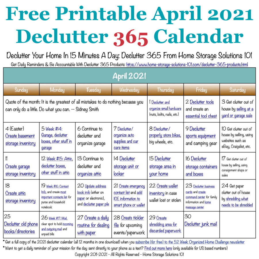 April Declutter Calendar 15 Minute Daily Missions For Month