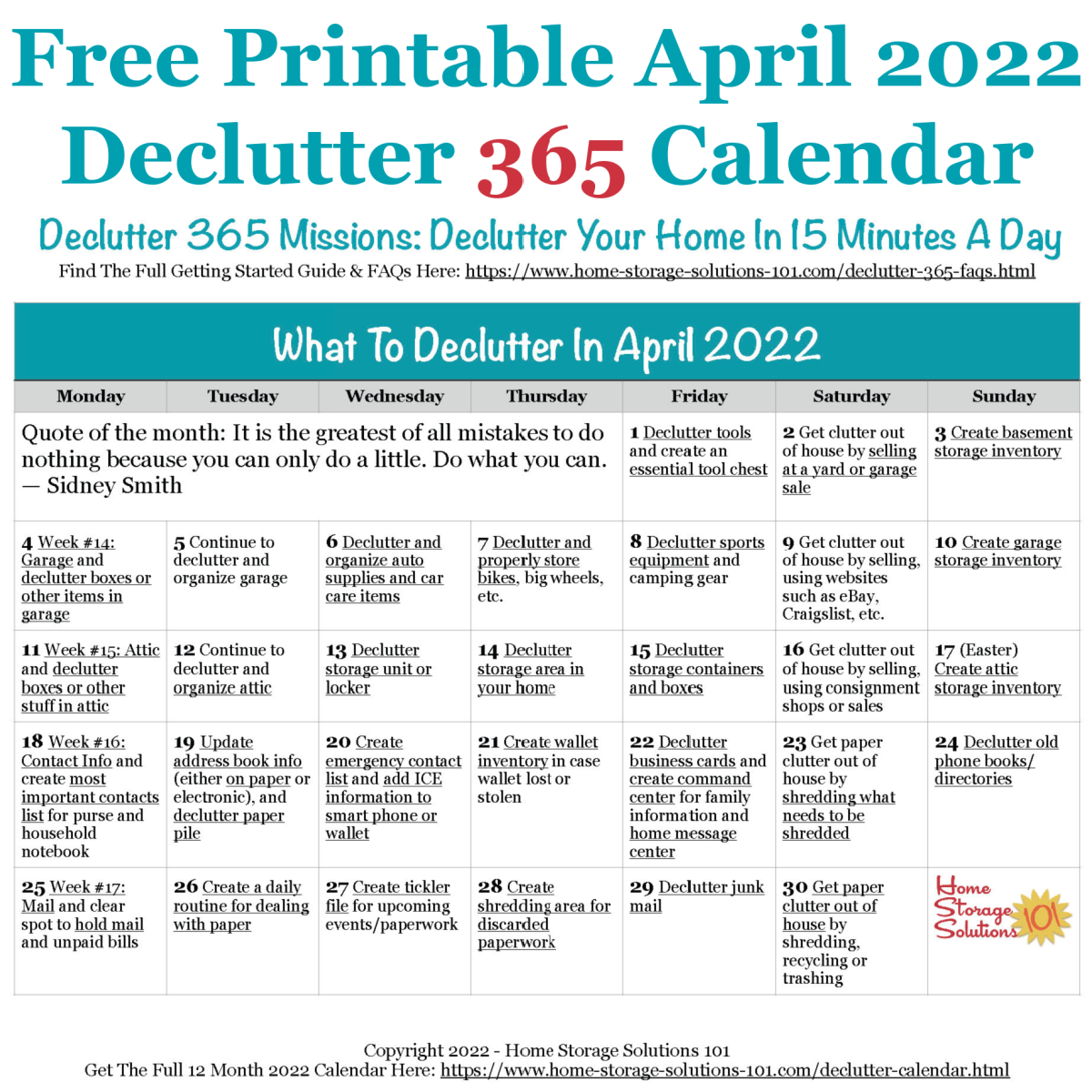 Free printable April 2022 #decluttering calendar with daily 15 minute missions. Follow the entire #Declutter365 plan provided by Home Storage Solutions 101 to #declutter your whole house in a year.