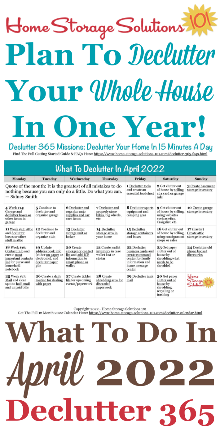 Free printable April 2022 #decluttering calendar with daily 15 minute missions. Follow the entire #Declutter365 plan provided by Home Storage Solutions 101 to #declutter your whole house in a year.