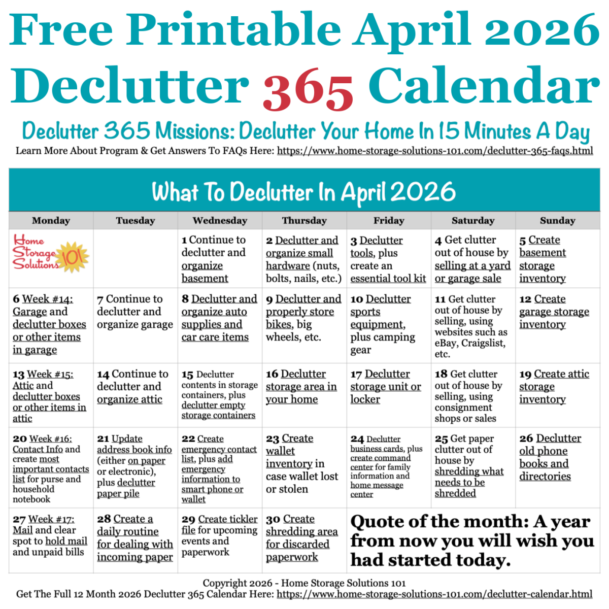 Free printable April 2026 #decluttering calendar with daily 15 minute missions. Follow the entire #Declutter365 plan provided by Home Storage Solutions 101 to #declutter your whole house in a year.