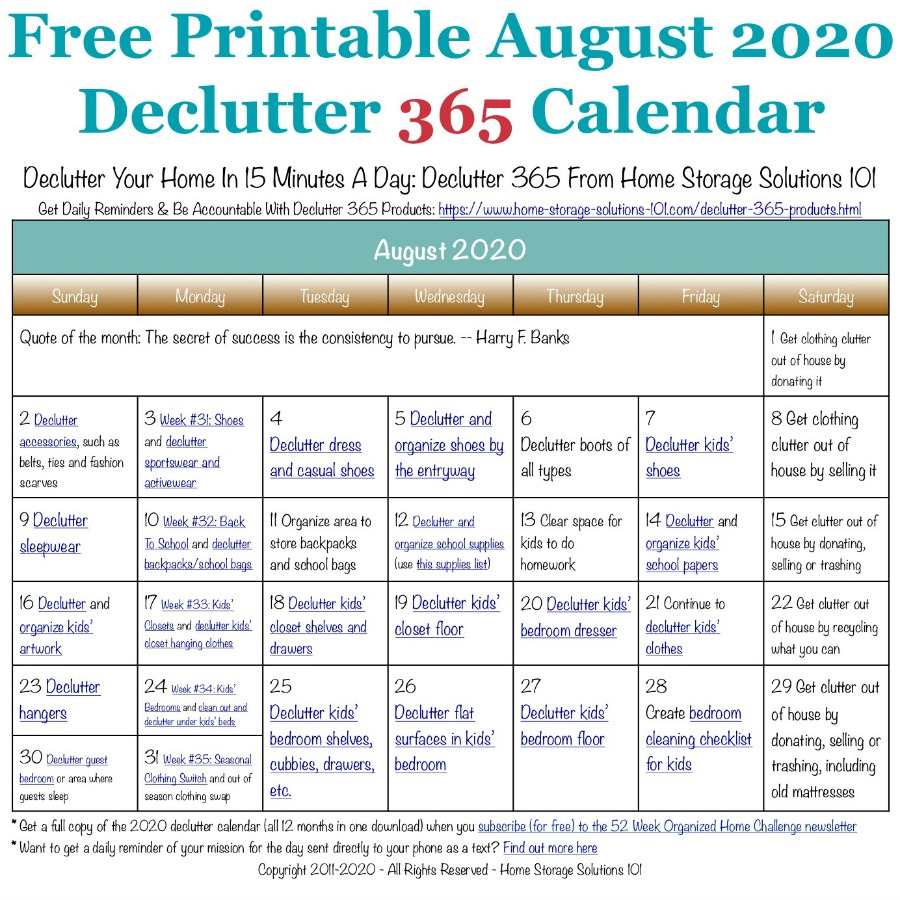 August Declutter Calendar: 15 Minute Daily Missions For Month