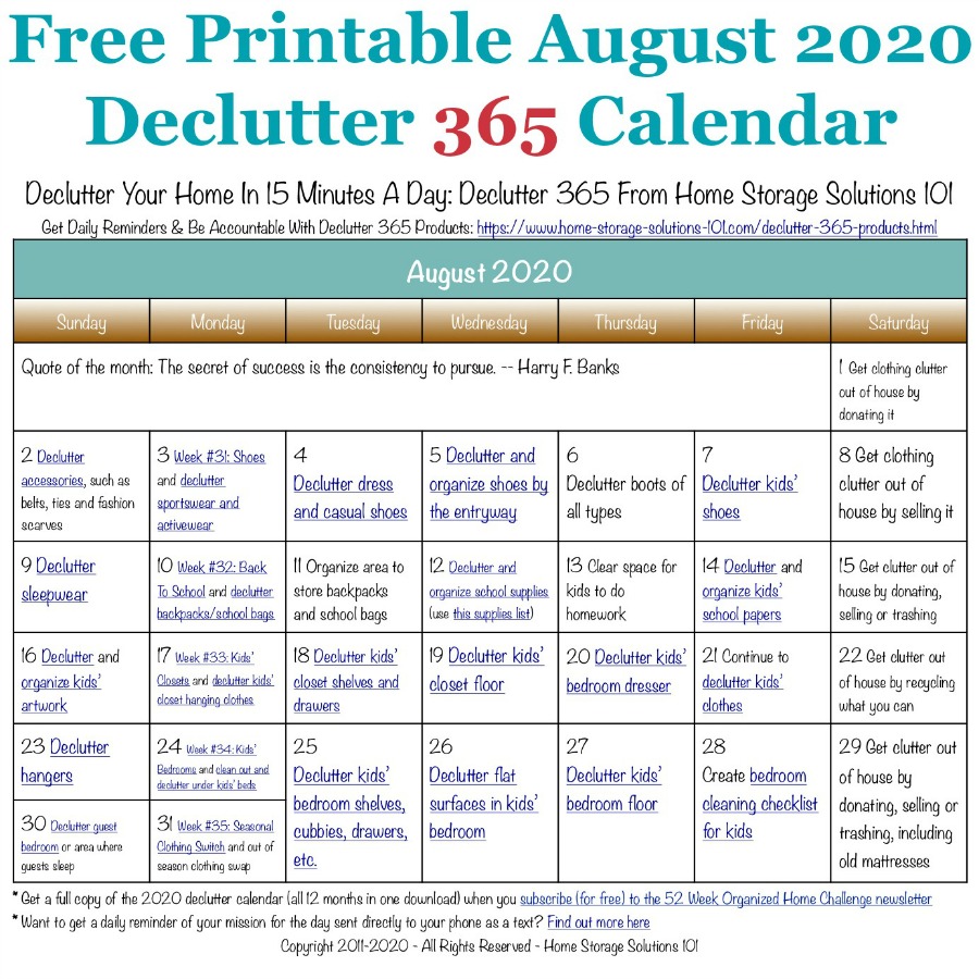 August Declutter Calendar: 15 Minute Daily Missions For Month