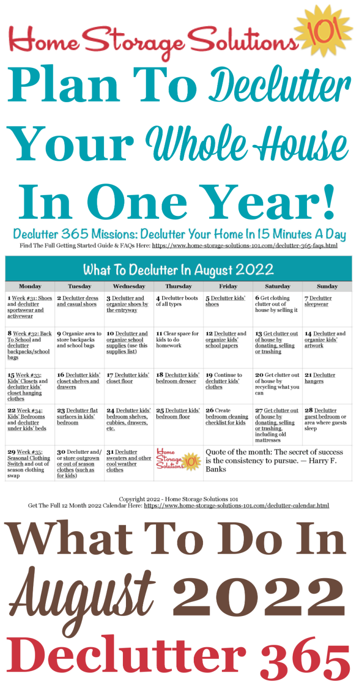 Free printable August 2022 #decluttering calendar with daily 15 minute missions. Follow the entire #Declutter365 plan provided by Home Storage Solutions 101 to #declutter your whole house in a year.