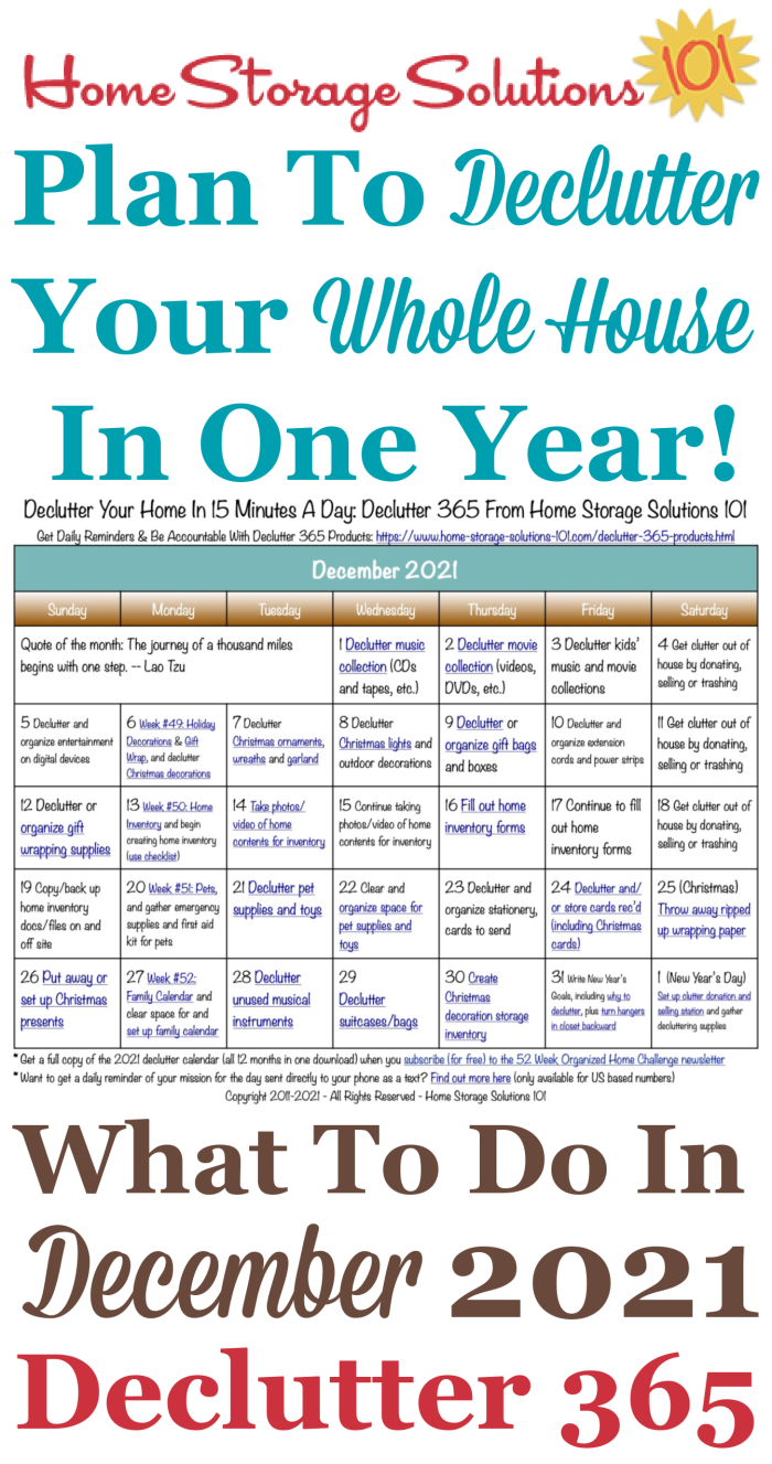 Free printable December 2021 #decluttering calendar with daily 15 minute missions. Follow the entire #Declutter365 plan provided by Home Storage Solutions 101 to #declutter your whole house in a year.