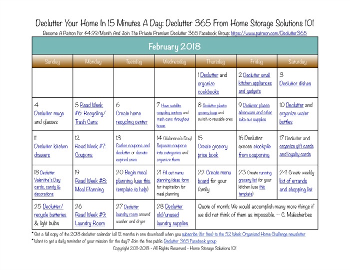February Declutter Calendar 15 Minute Daily Missions For Month