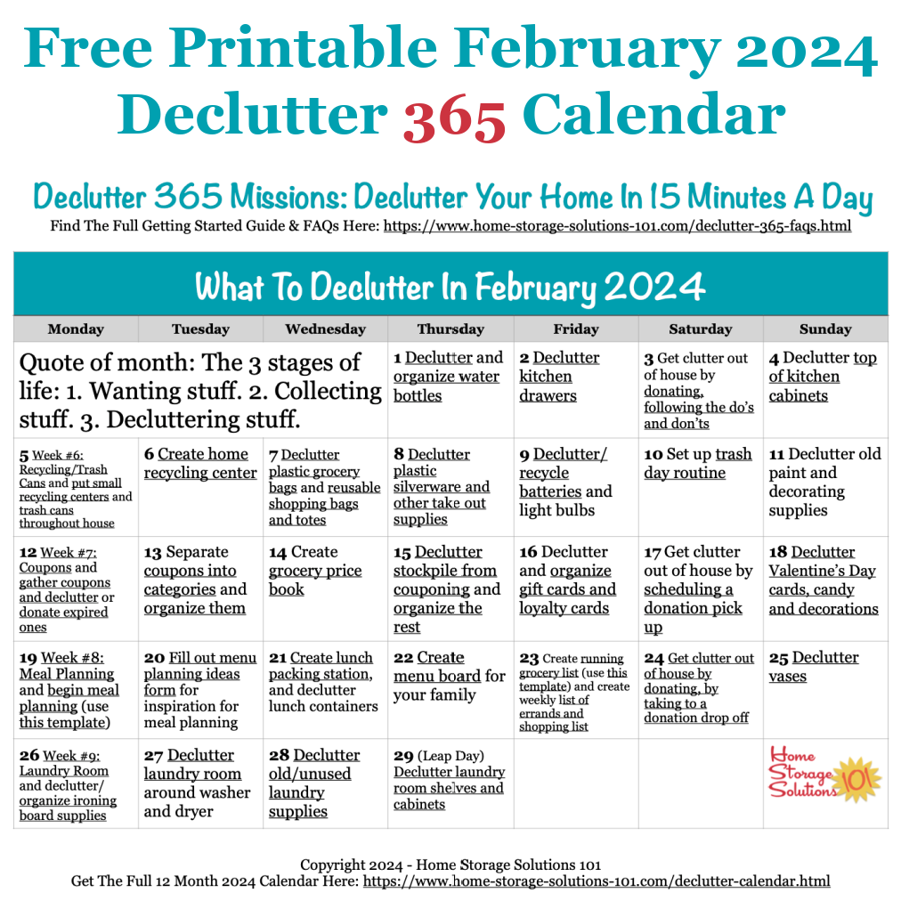 Free printable February 2024 #decluttering calendar with daily 15 minute missions. Follow the entire #Declutter365 plan provided by Home Storage Solutions 101 to #declutter your whole house in a year.