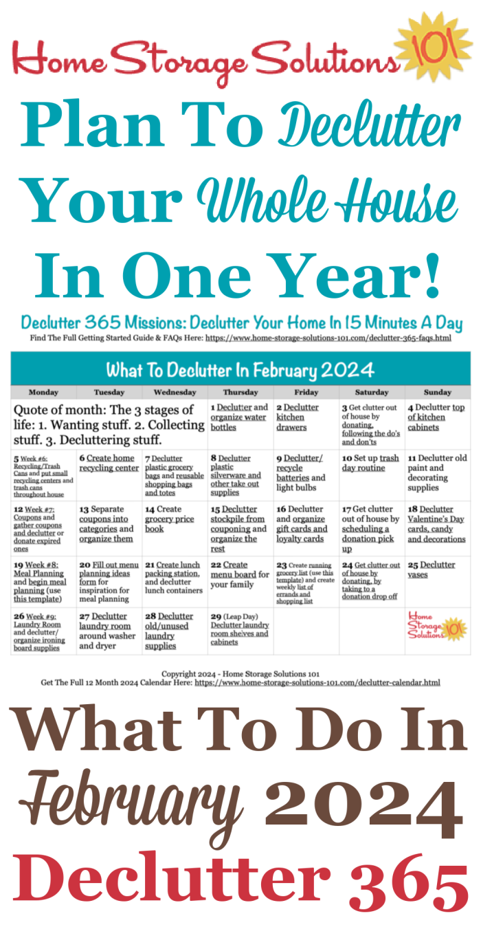 Free printable February 2024 #decluttering calendar with daily 15 minute missions. Follow the entire #Declutter365 plan provided by Home Storage Solutions 101 to #declutter your whole house in a year.
