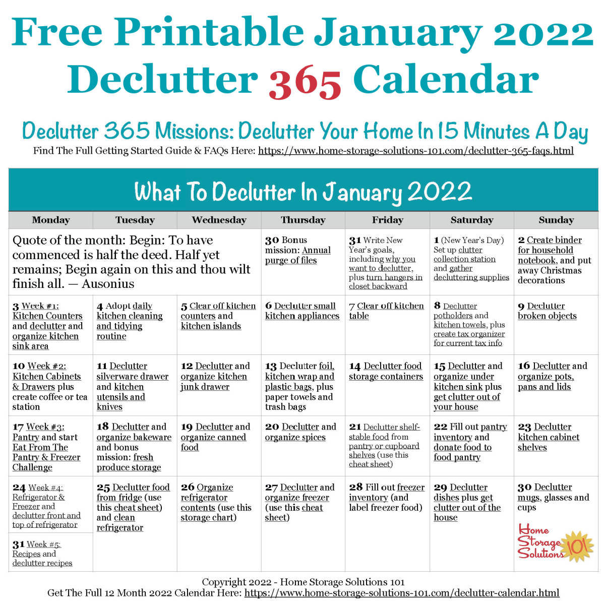 January Declutter Calendar: 15 Minute Daily Missions For Month