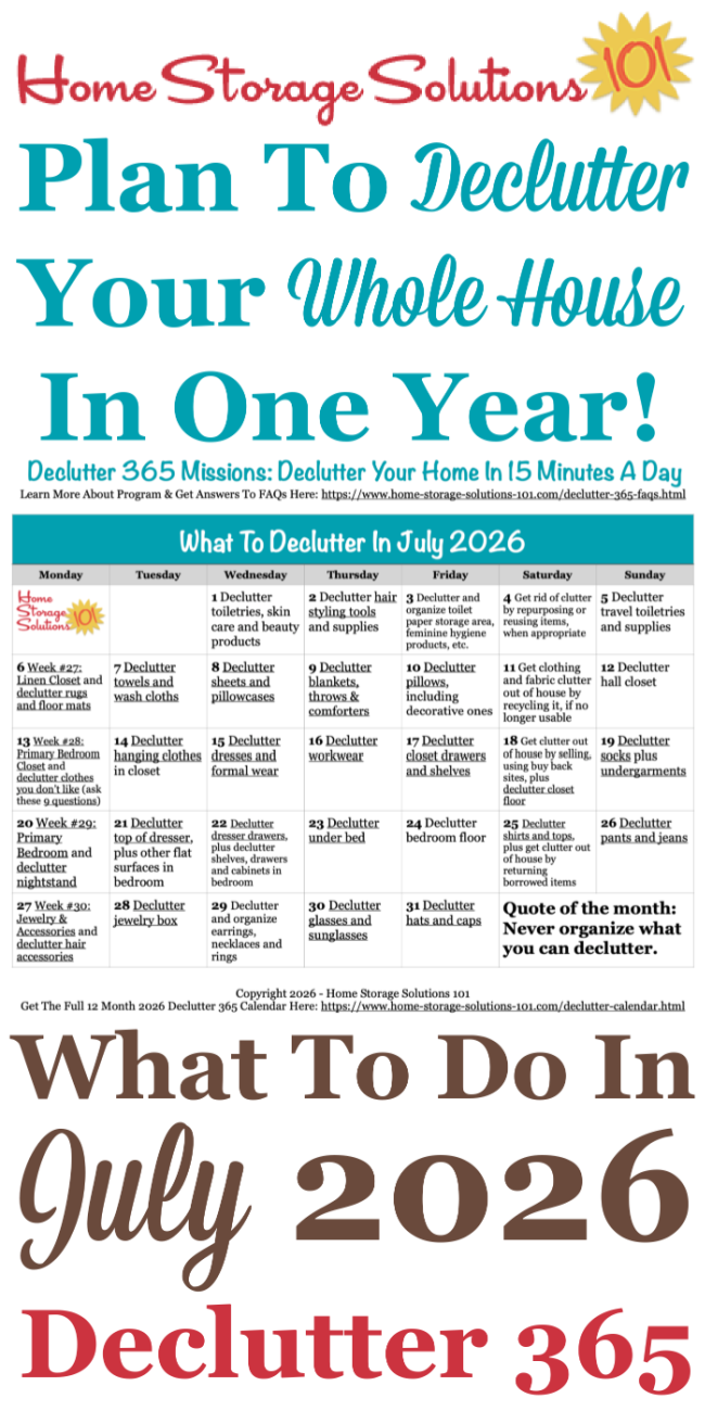 Free printable July 2026 decluttering calendar with daily 15 minute missions. Follow the entire Declutter 365 plan by Home Storage Solutions 101 to declutter your whole house in a year. Free printable July 2026 #decluttering calendar with daily 15 minute missions. Follow the entire #Declutter365 plan by Home Storage Solutions 101 to #declutter your whole house in a year.