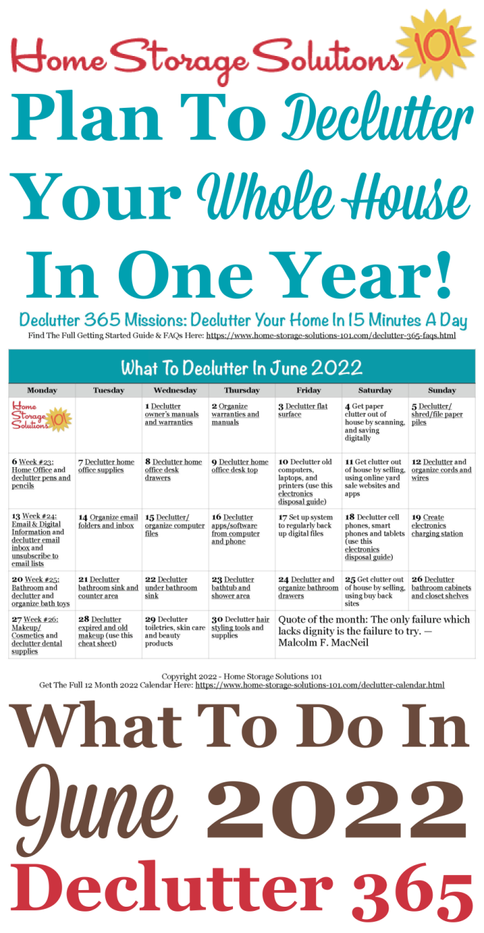 Free printable June 2022 #decluttering calendar with daily 15 minute missions. Follow the entire #Declutter365 plan provided by Home Storage Solutions 101 to #declutter your whole house in a year.