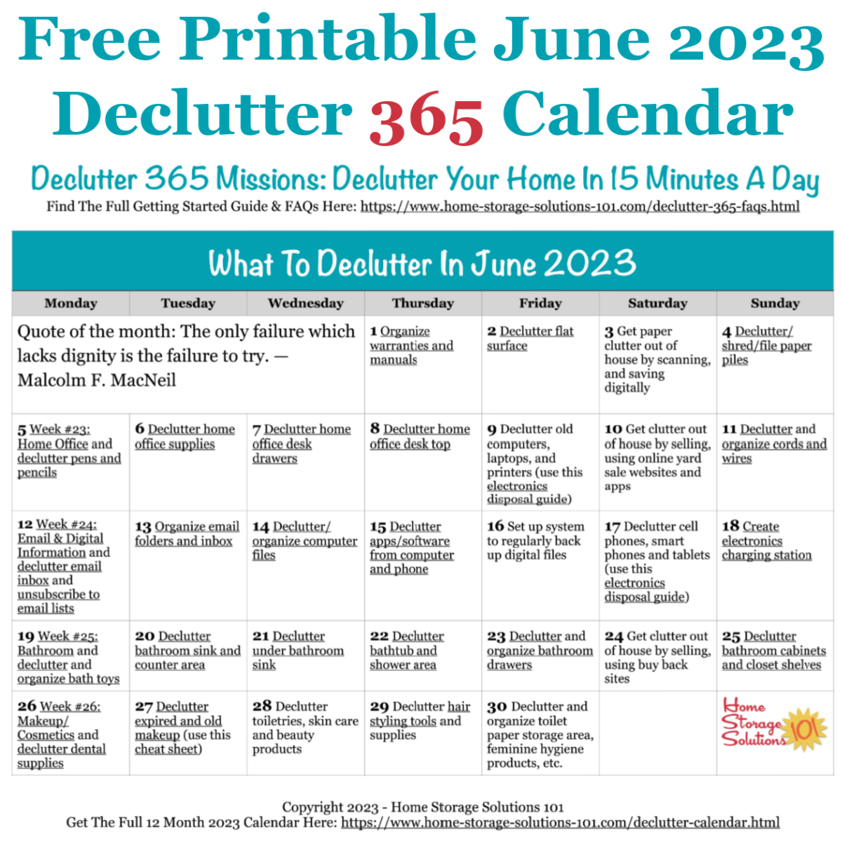 June Declutter 365 Calendar 15 Minute Daily Missions For Month