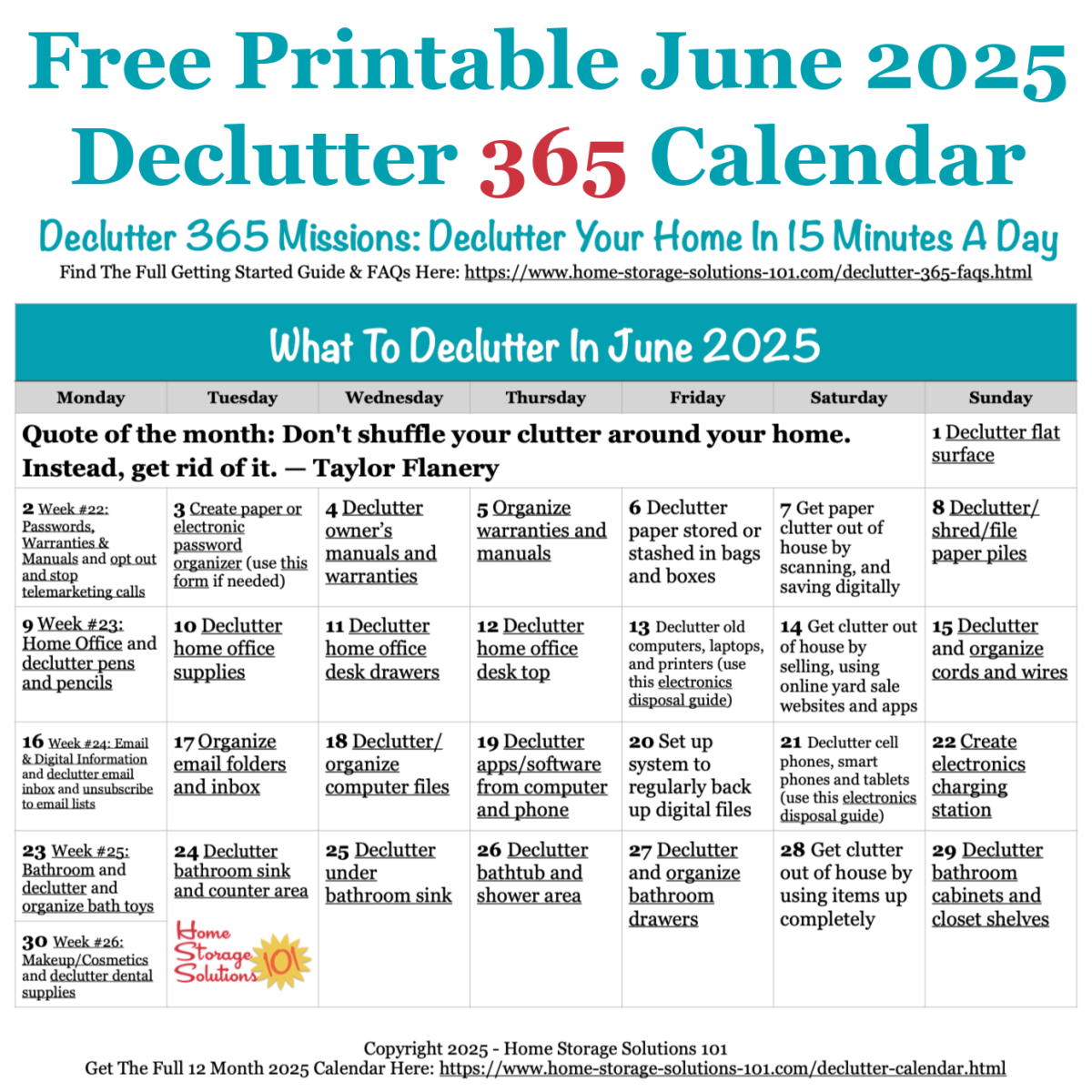 Free printable June 2025 #decluttering calendar with daily 15 minute missions. Follow the entire #Declutter365 plan provided by Home Storage Solutions 101 to #declutter your whole house in a year.