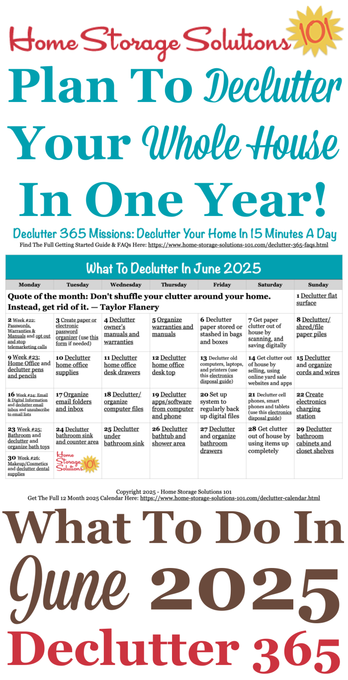 Free printable June 2025 #decluttering calendar with daily 15 minute missions. Follow the entire #Declutter365 plan provided by Home Storage Solutions 101 to #declutter your whole house in a year.