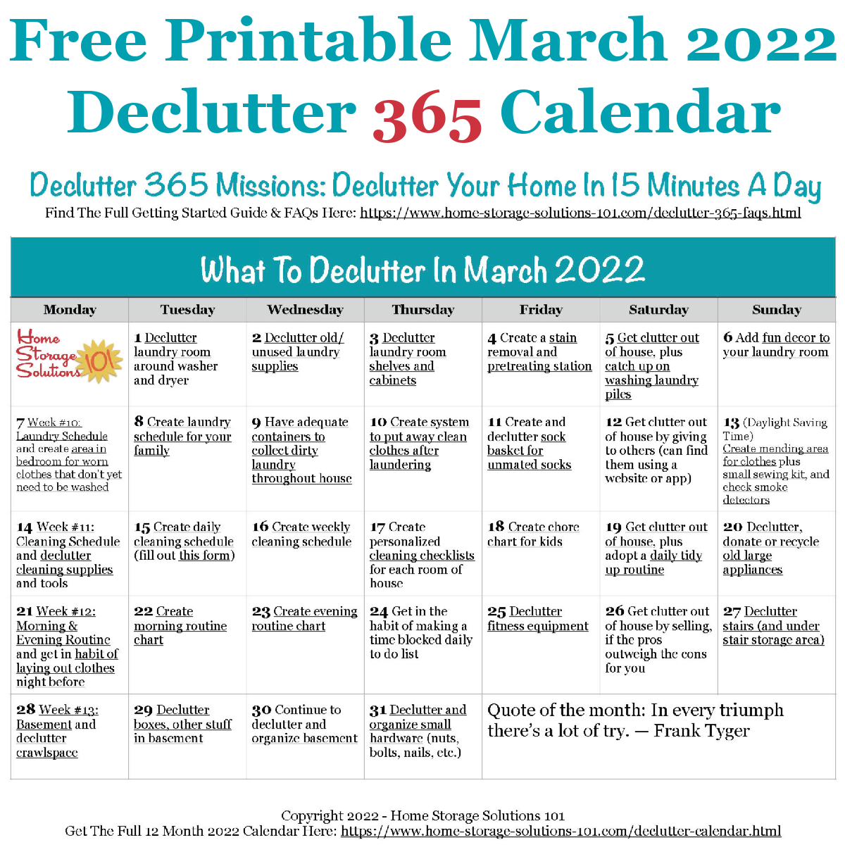 Free printable March 2022 #decluttering calendar with daily 15 minute missions. Follow the entire #Declutter365 plan provided by Home Storage Solutions 101 to #declutter your whole house in a year.