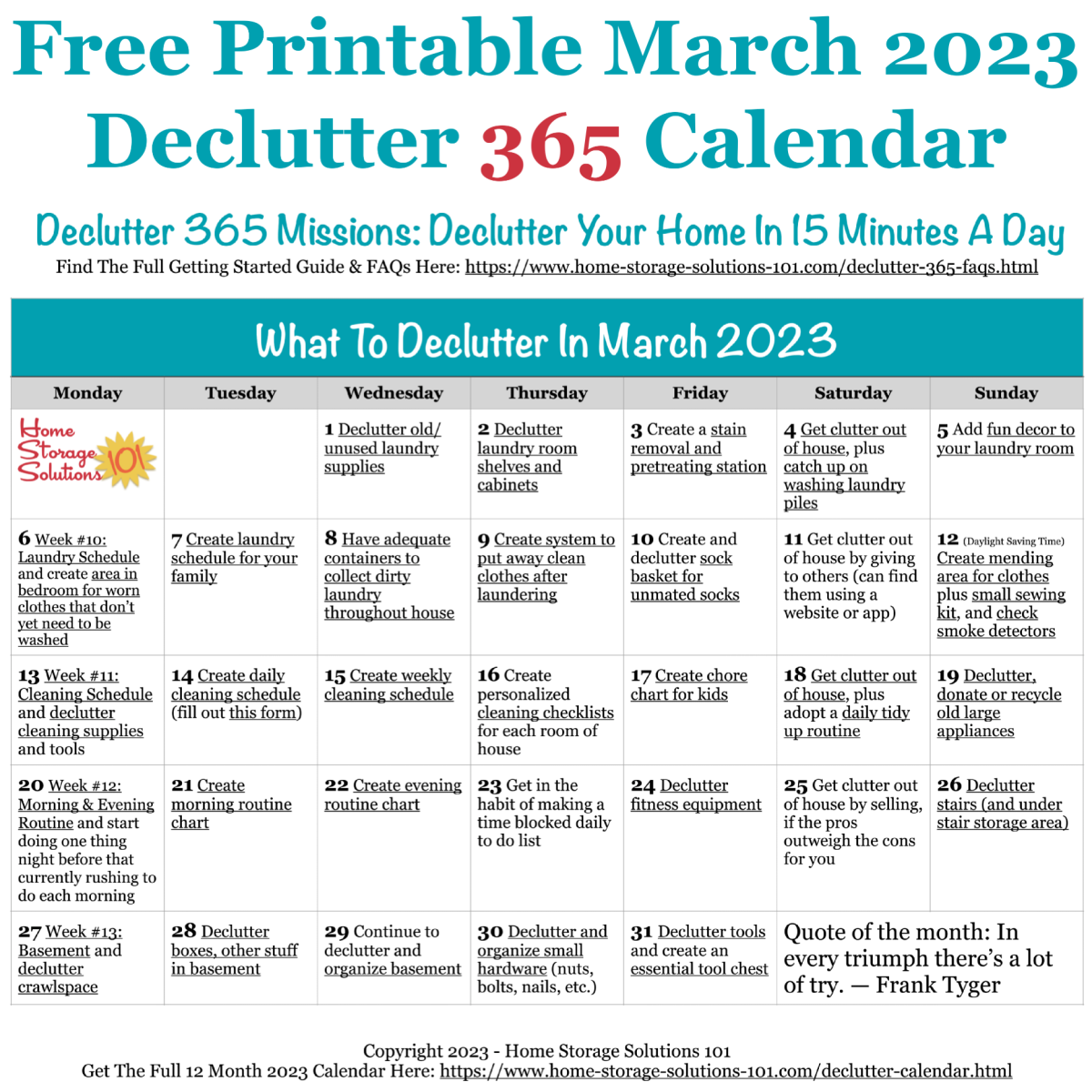 March Declutter 365 Calendar 15 Minute Daily Missions For Month